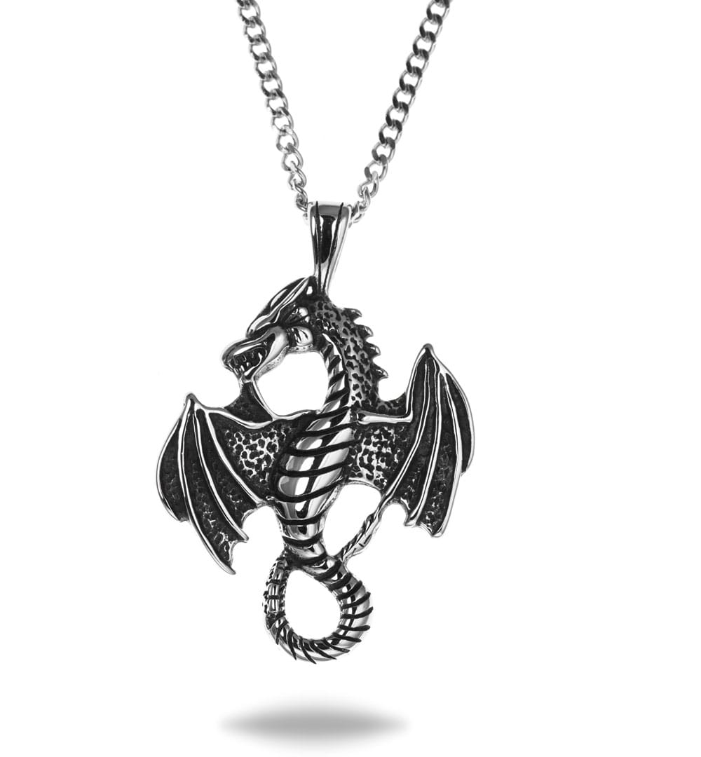 Original-Mens-Fashion-dragon-silver-black-omf167 Original Mens Fashion Αλυσίδα Λαιμού Με Μενταγιόν Dragon Μήκους 70cm Silver & Black Από Ατσάλι 316L - Image 1