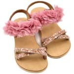 Pink Lady Χειροποίητα Παιδικά Σανδάλια Kallisto Ταμπά Από Δέρμα Με Strass και Λουλούδια Σε Ροζ