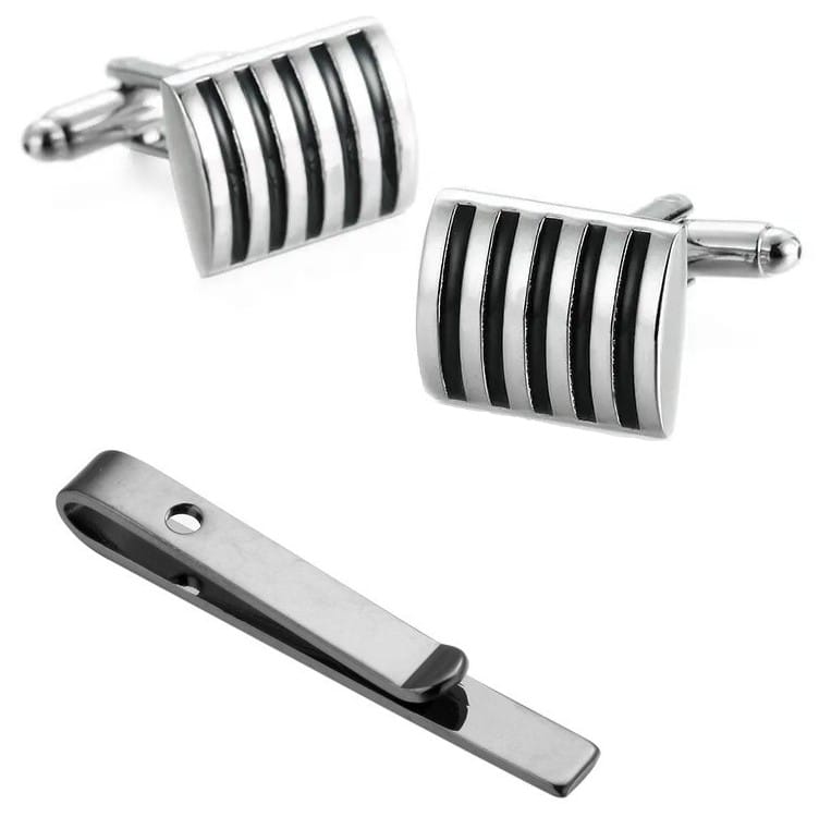 original-mens-fashion-tie-clip-omf091-plain-black Set Ανδρικά Μανικετόκουμπα Original Men's Fashion Από Ατσάλι Σε Μαύρο Black Stripes - Image 1