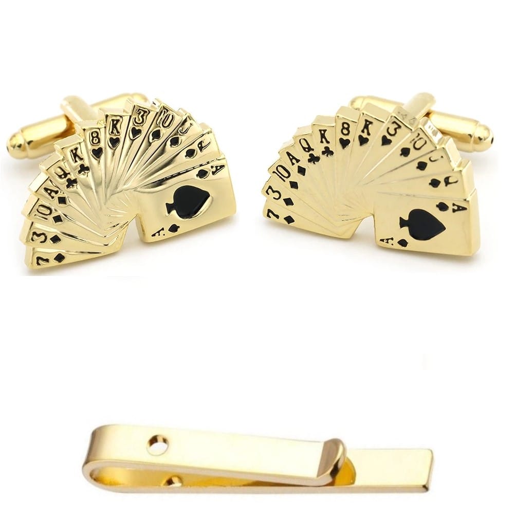 set-original-mens-fashion-cufflinks-omf093d-gold-pocker-cards-1 Set Ανδρικά Μανικετόκουμπα Original Men’s Fashion και Clip Γραβάτας Από Ατσάλι Σε Χρυσό Χαρτιά Silver Poker Cards - Image 1