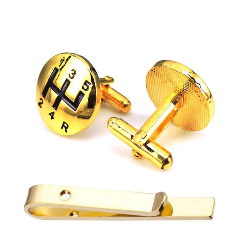 set original-mens-fashion-set-gear box-gold Set Ανδρικά Μανικετόκουμπα Original Men’s Fashion και Clip Γραβάτας Από Ατσάλι Σε Χρυσό Ταχύτητες Gear Box - Image 1