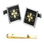 Set Ανδρικά Μανικετόκουμπα Original Men’s Fashion και Clip Γραβάτας Από Ατσάλι Σε Χρυσό και Μαύρο Golden Water Lily