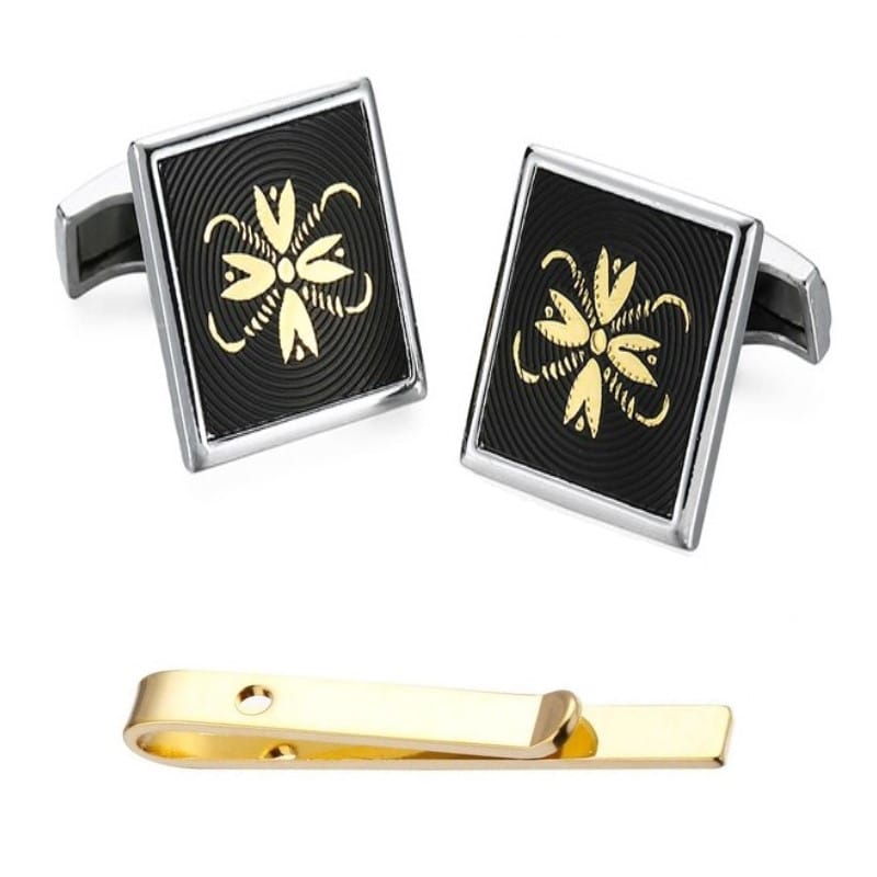 set original-mens-fashion-set-water lily-gold Set Ανδρικά Μανικετόκουμπα Original Men’s Fashion και Clip Γραβάτας Από Ατσάλι Σε Χρυσό και Μαύρο Golden Water Lily - Image 1
