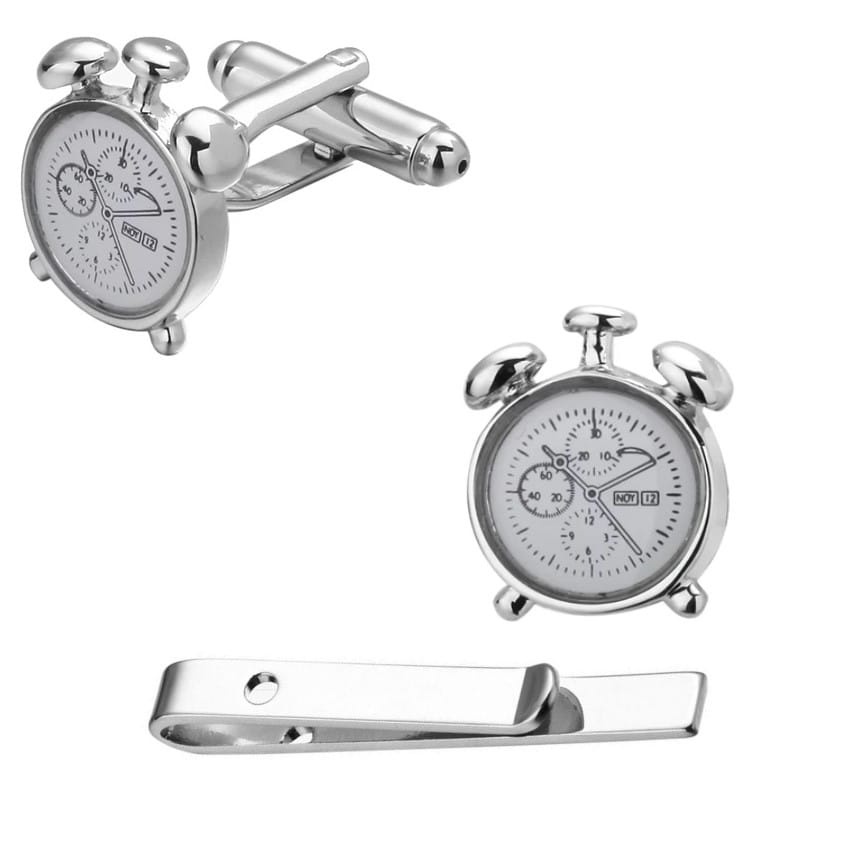 set original-mens-fashion-tie-clip-alarm clock1-silver Set Ανδρικά Μανικετόκουμπα Original Men’s Fashion και Clip Γραβάτας Από Ατσάλι Σε Ασημί Ρολόι Alarm Clock - Image 1