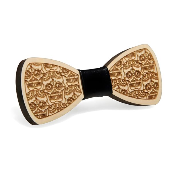 Ανδρικό ξύλινο παπιγιόν Original Men's Fashion Dark Skull με δέρμα, μαύρο