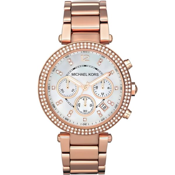 Γυναικείο ρολόι χρονογράφος Michael Kors Parker Crystals με ατσάλινο μπρασελέ, ροζ χρυσό