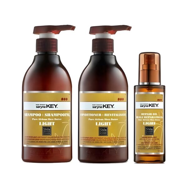 Σετ περιποίησης μαλλιών Saryna Key Damage Repair Light Trio Pack με σαμπουάν, conditioner και λάδι