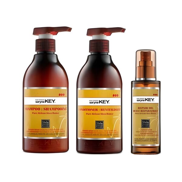 Σετ περιποίησης μαλλιών Saryna Key Damage Repair Trio Pack με σαμπουάν, conditioner και λάδι