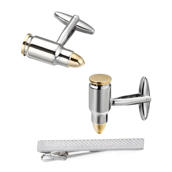Ατσάλινο σετ ανδρικά μανικετόκουμπα Original Men's Fashion και clip γραβάτας Golden Bullets&AK-47, ασημί