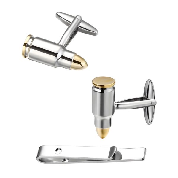 Ατσάλινο σετ ανδρικά μανικετόκουμπα Original Men's Fashion και clip γραβάτας Golden Bullets&AK-47, ασημί